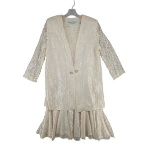 VTG 90s Lace Dress Set Jacket Cream Floral 2pc Lg Grannycore Church Shabby Chic